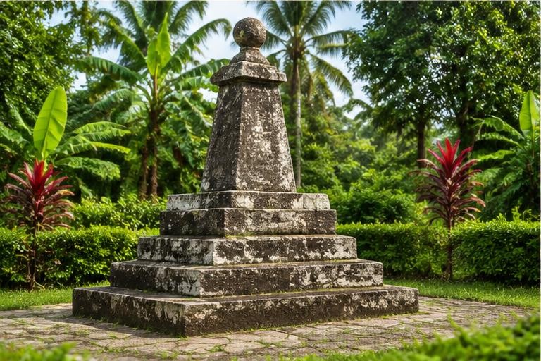 Illustrative stone memorial among greenery