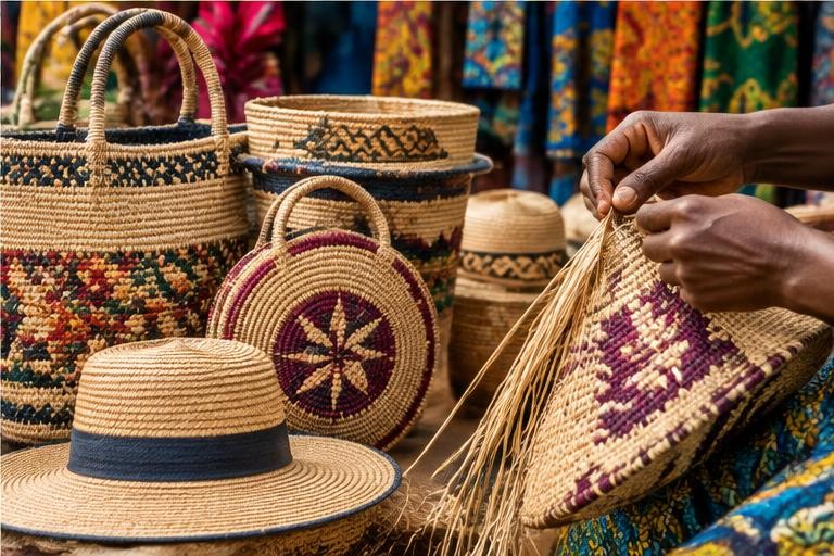 Illustrative raffia bags and baskets at an artisan market